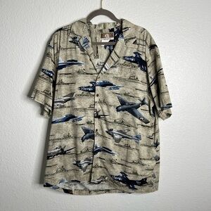 Kalaheo Airplane Military Button Up Hawaiian Print Shirt Size XL